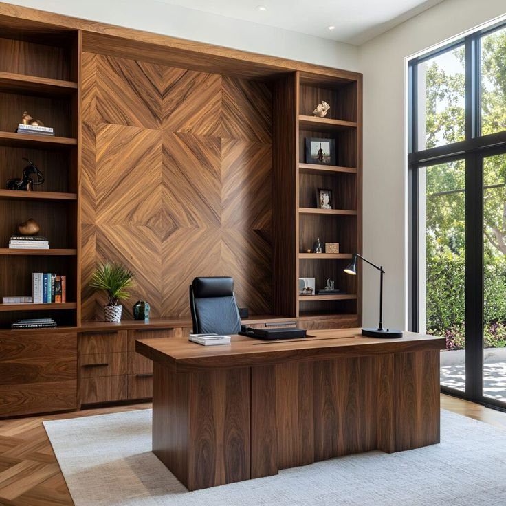 Office with geometric wood wall