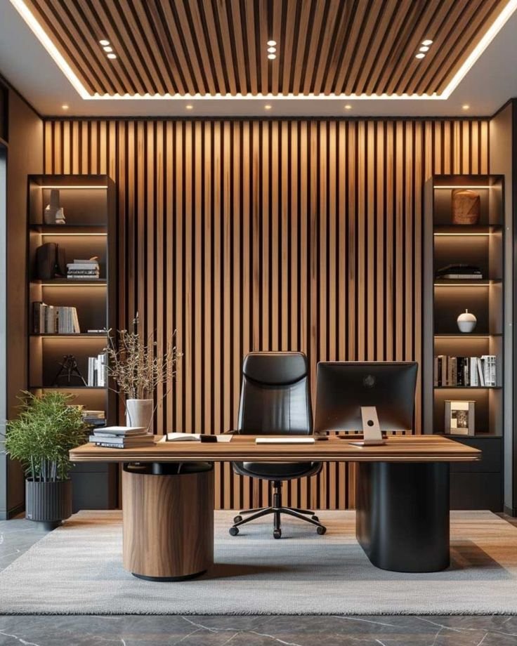 Office with slatted wood wall