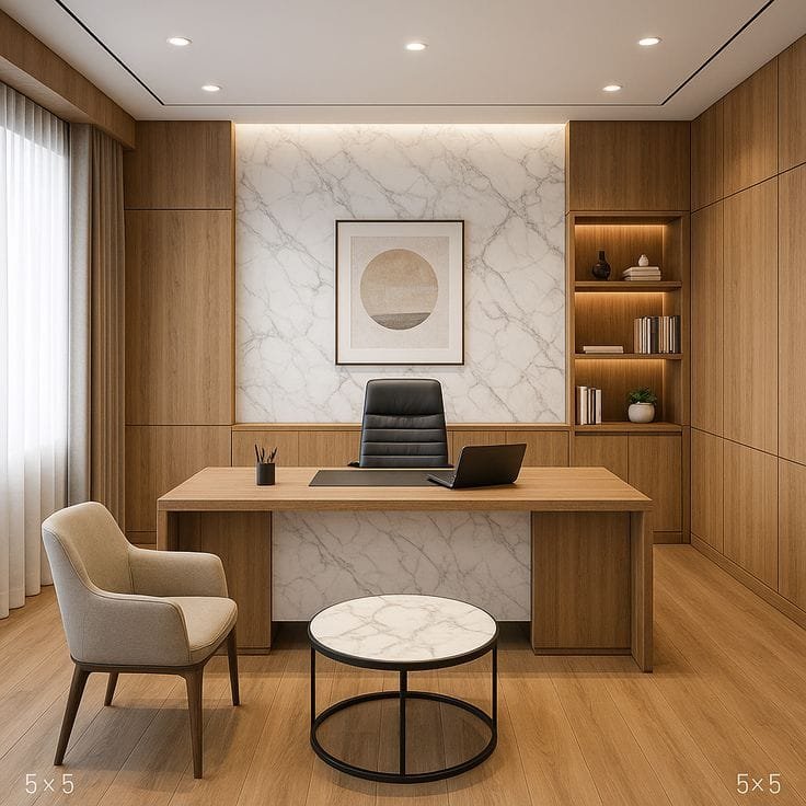 Office with wood and stone-look panels