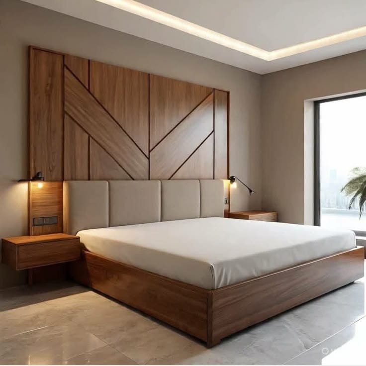 Bedroom with wood headboard