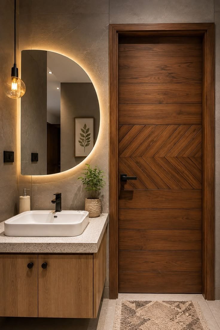 Wooden door beside vanity