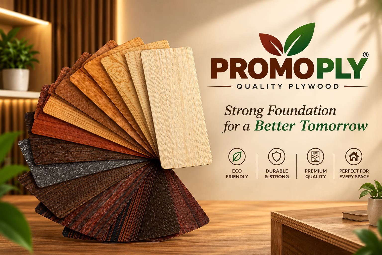 Promo Ply branded artwork showing a fan of wood finish samples