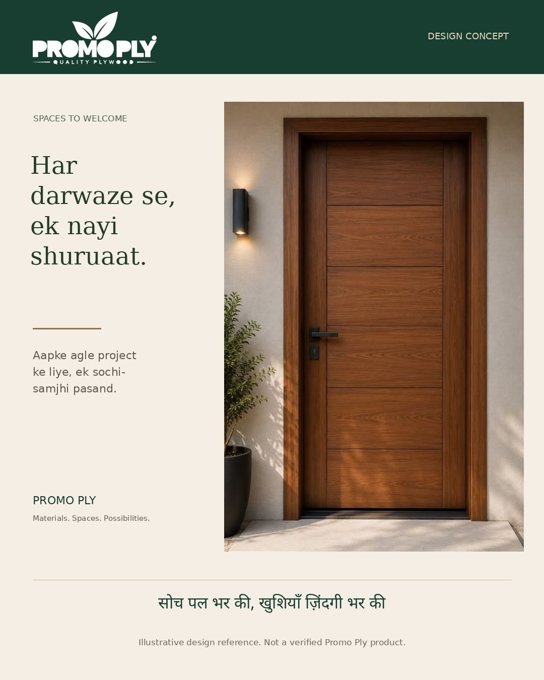 Unchanged supplied Promo Ply door design creative, including its illustrative and not-verified-product qualification